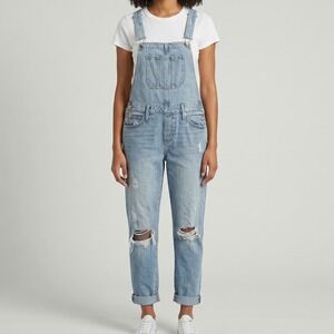 Lucky Brand Boyfriend Overall Womens XS Light Wash‎ Distressed Denim Bib EUC